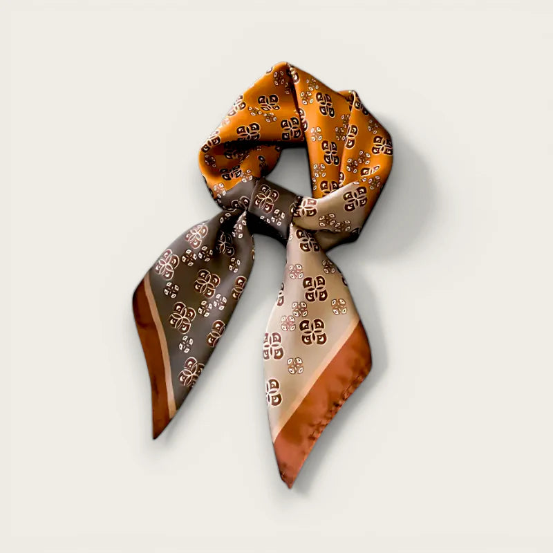 Luxurious orange brown printed square silk scarf with geometric knot