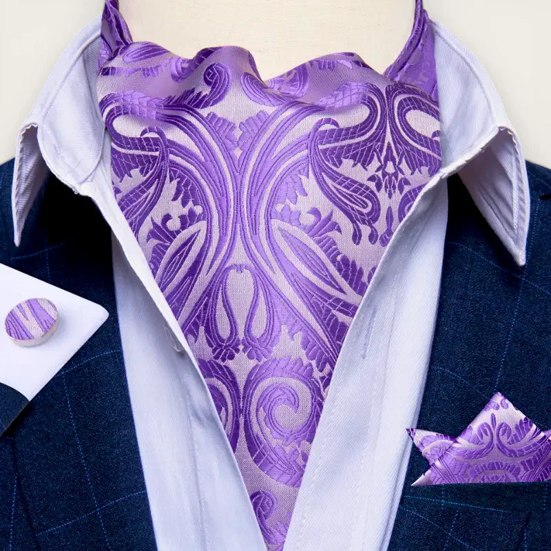 Purple satin Ascot cravat with intricate paisley pattern