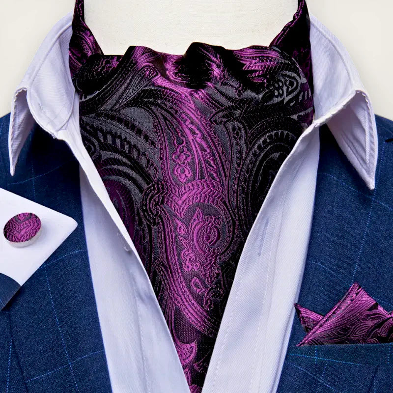 Purple Ascot Scarf: textured purple black paisley cravat on white collar