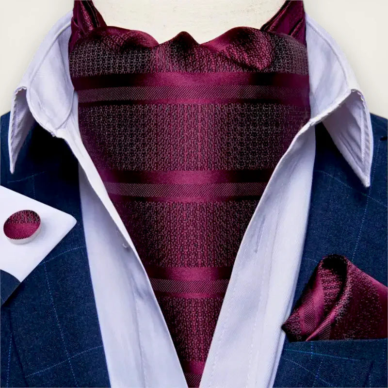 Purple Ascot Tie: rich burgundy silk cravat with textured pattern and satin stripes