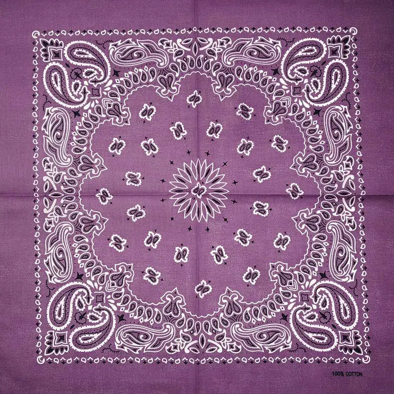 Purple bandana scarf with white and dark purple paisley pattern
