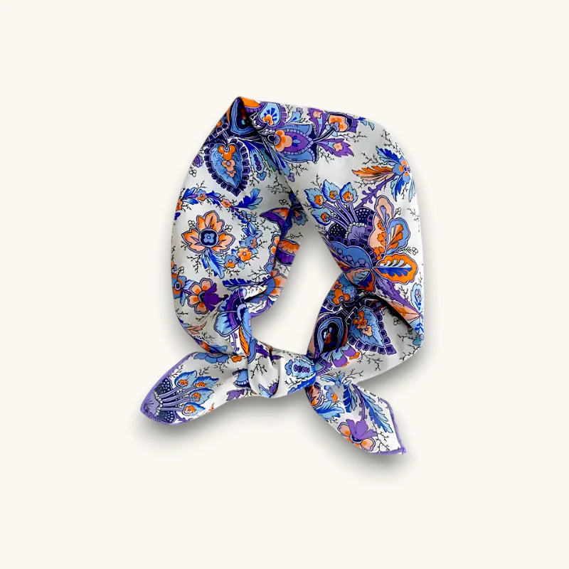 Purple cotton scarf with white silk floral paisley pattern in blue, purple, orange
