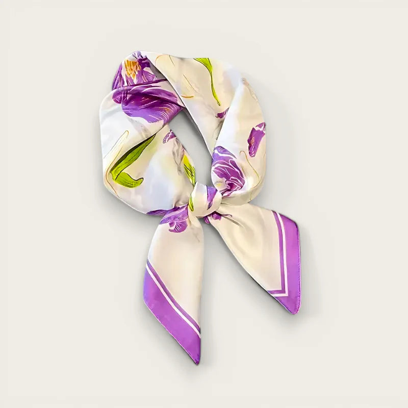 Purple Head Scarf: cream silk with vibrant purple green floral pattern, elegant knot