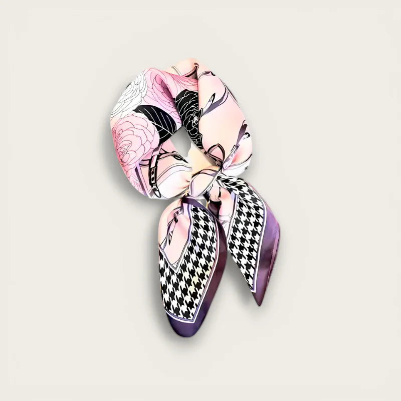 Purple Neck Scarf: pink and purple silk with floral pattern and black houndstooth accents