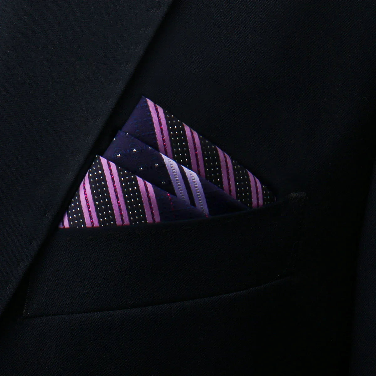 Purple pocket square with navy blue base, pink white stripes, glitter accents