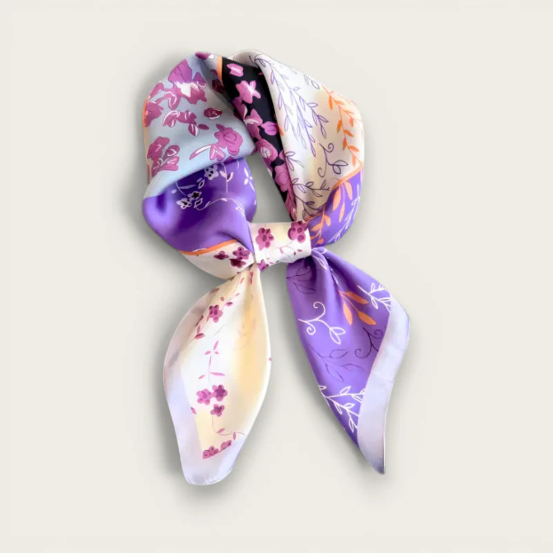 Purple silk scarf with delicate multi-colored floral satin patterns