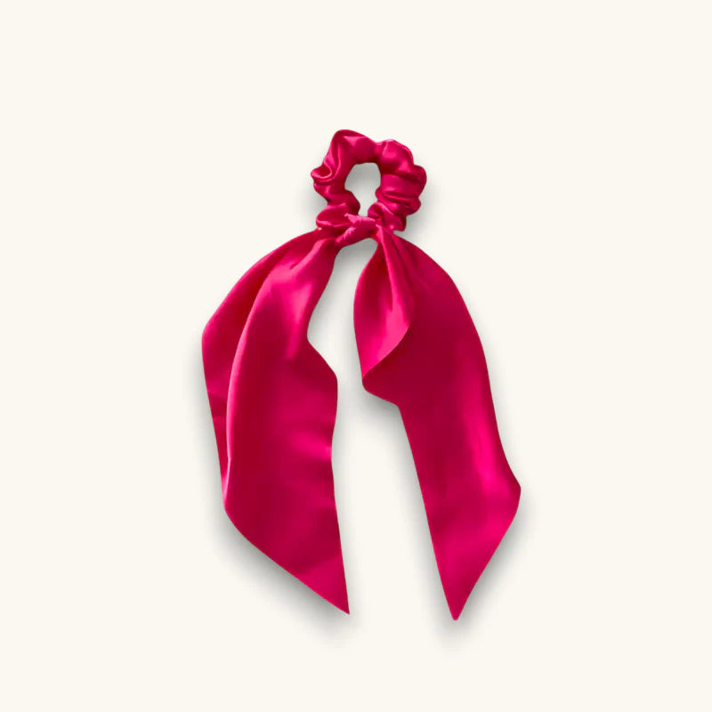 Vibrant fuchsia satin scrunchie with purple silk scarf ribbon bow