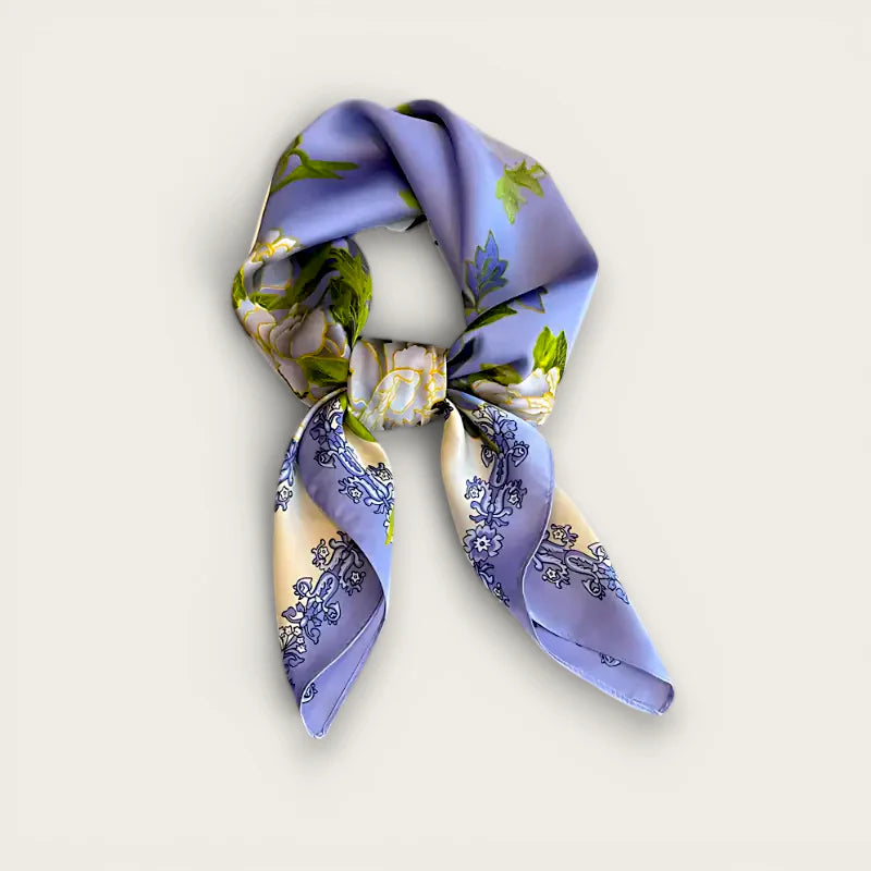 Purple Square Scarf: delicate lavender silk with floral pattern