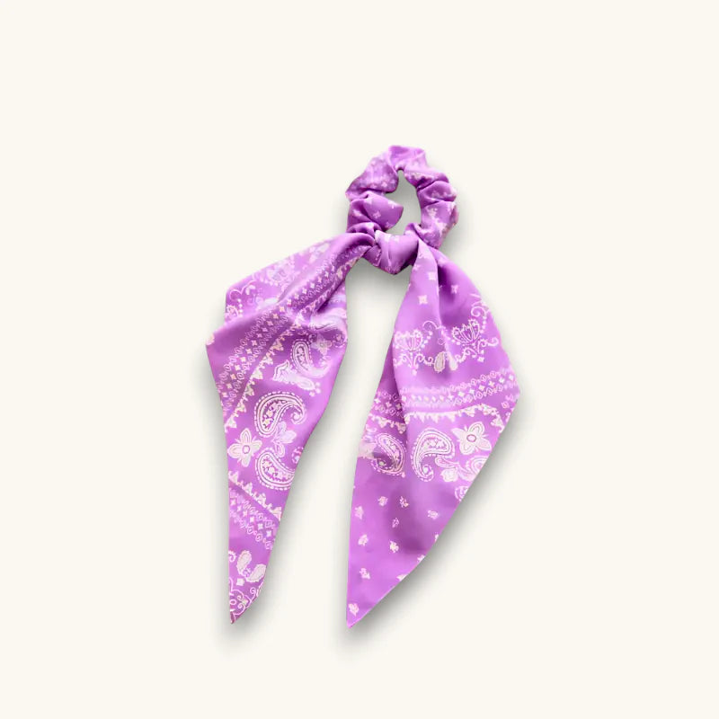 Purple white paisley floral satin scrunchie, lavender bandana style