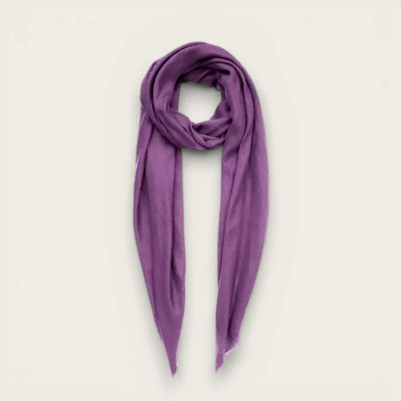 Purple wool scarf with soft lightweight fabric and frayed edges