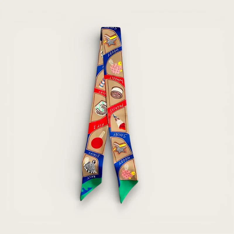 Colorful patterned Purse Handle Scarf with playful illustrations