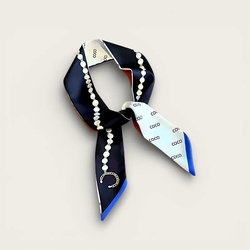 Purse Scarf with navy blue white silk coco print and pearl bead edges