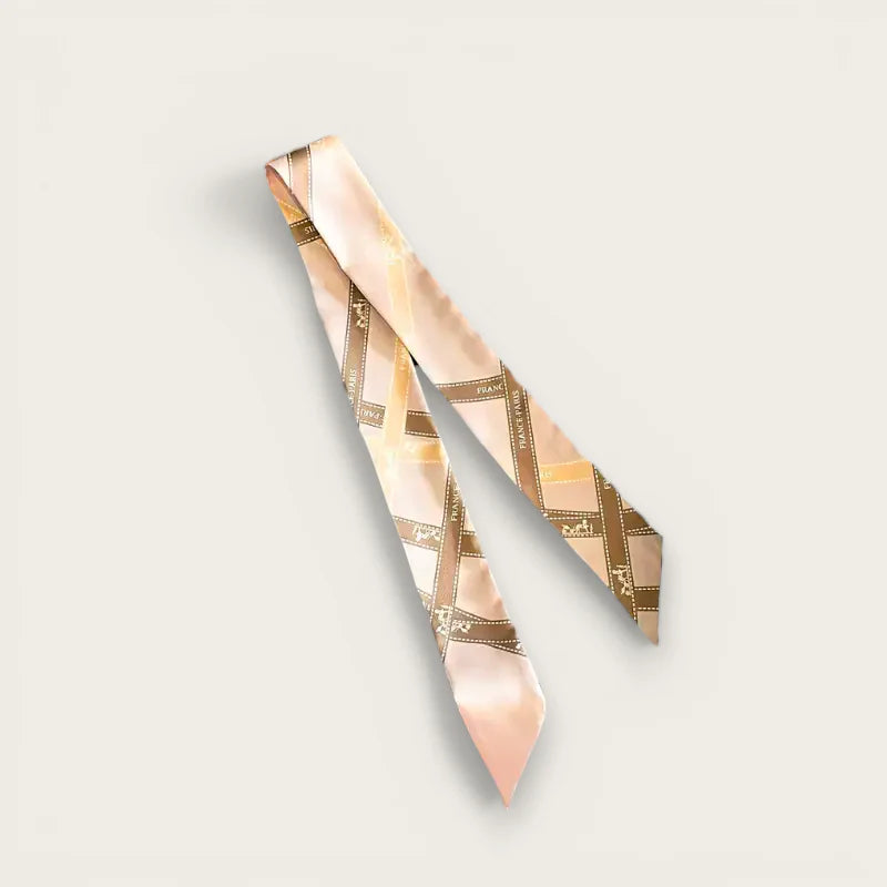 Purse Scarf Tie: peach silk scarf with geometric gold-brown pattern and horses logo