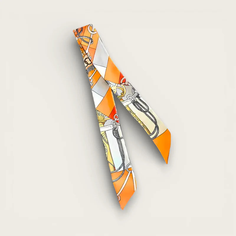 Purse Silk Scarf in orange white silk with black chain motifs