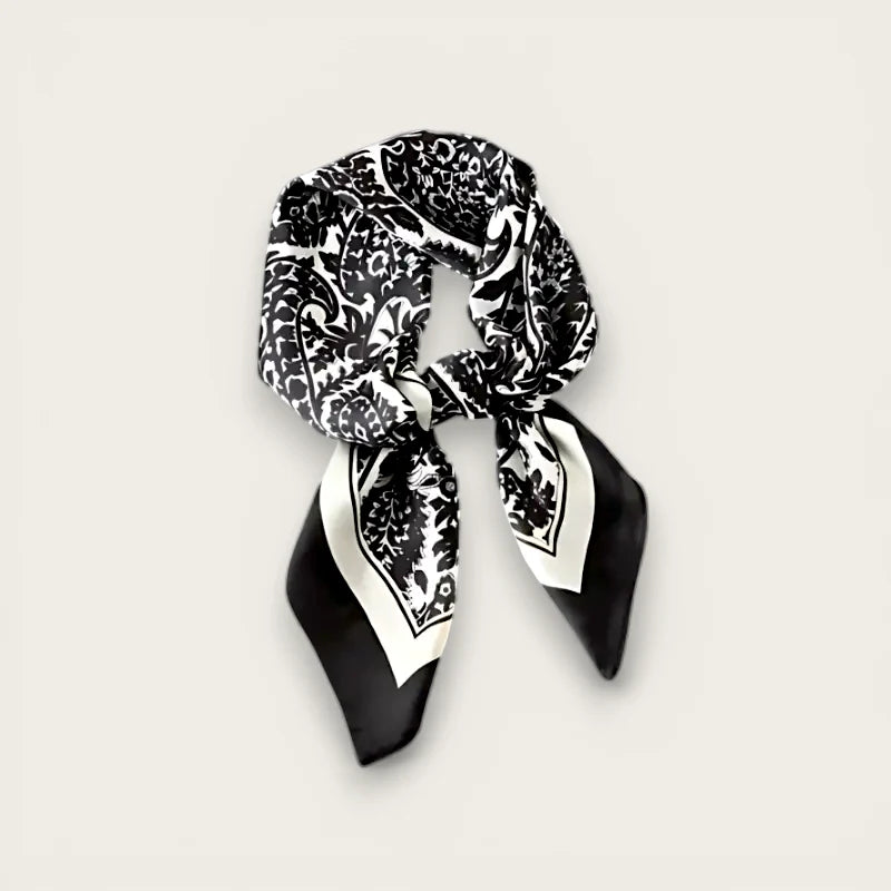 Quality Silk Scarf: black and white paisley silk with satin border