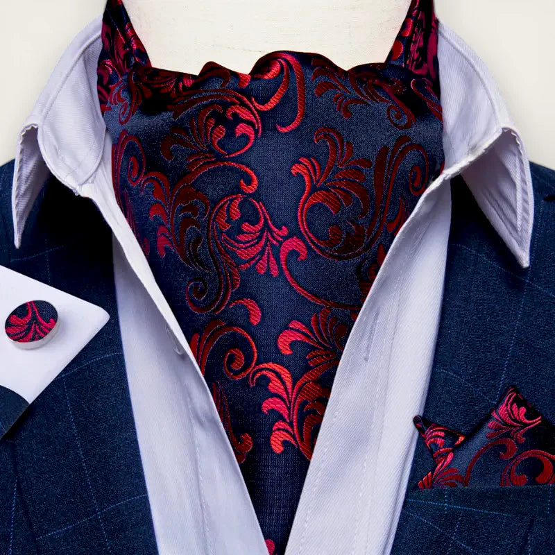 Rich navy blue cravat with red damask embroidery on satin, Red and Black Ascot Scarf