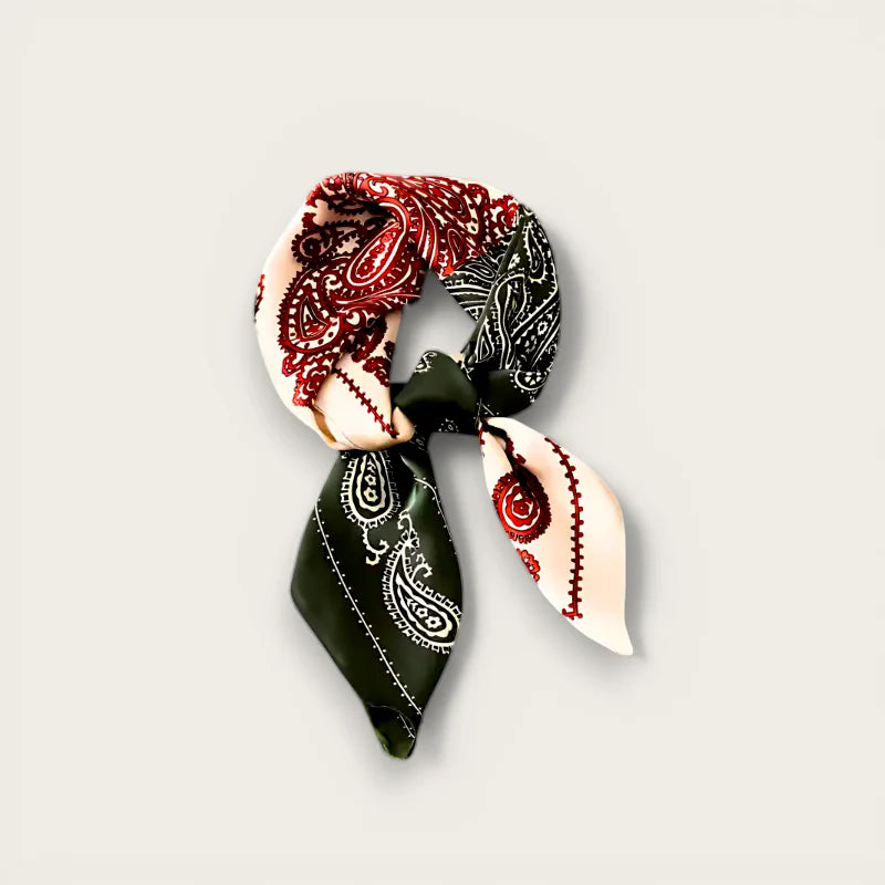 Red and black silk scarf with bold paisley pattern in cream, stitched details