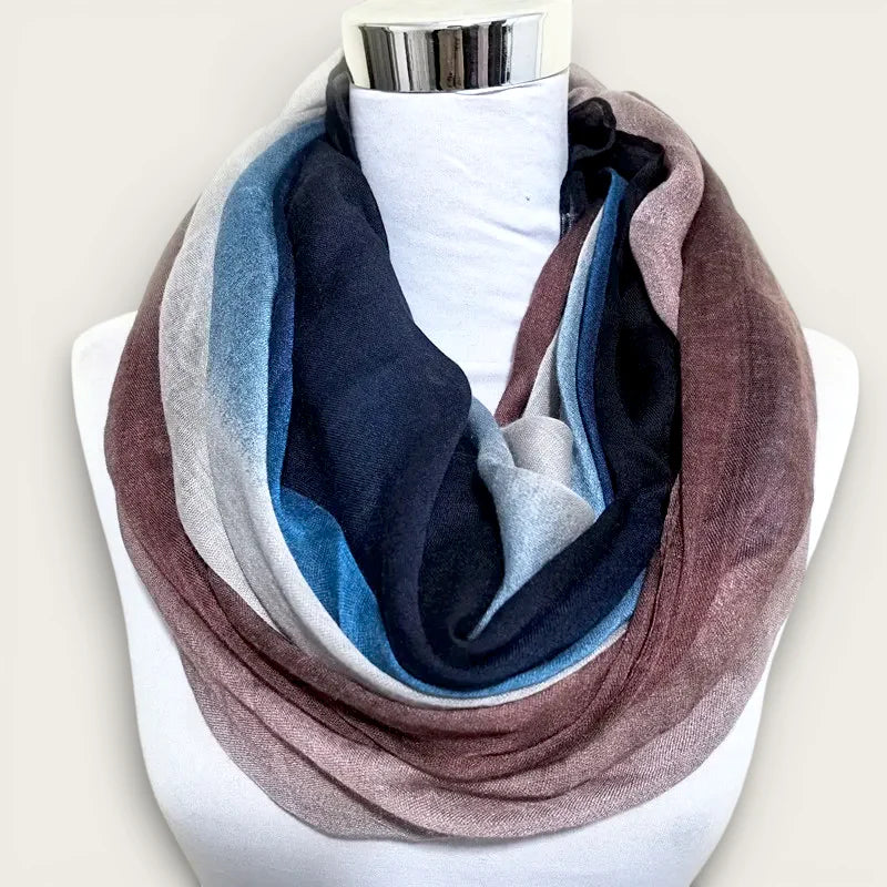 Red and blue infinity scarf with navy, gray, pink gradient