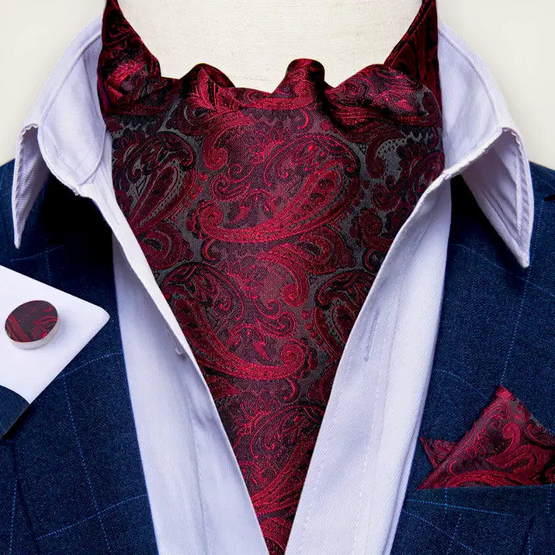 Red Ascot: burgundy black paisley silk cravat on white shirt