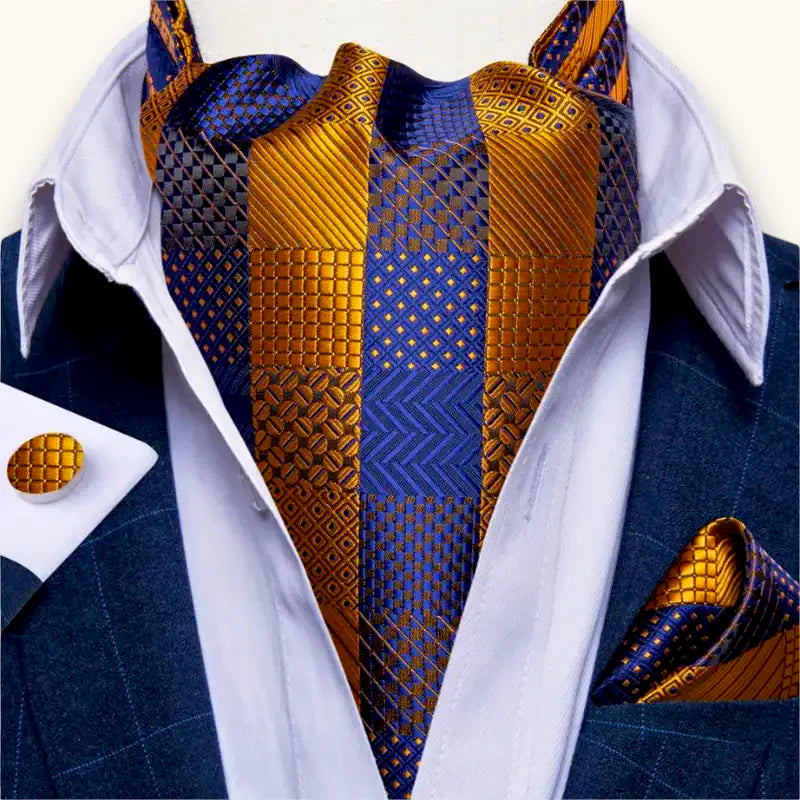 Red Ascot Tie: luxurious gold navy geometric necktie with cufflinks pocket square