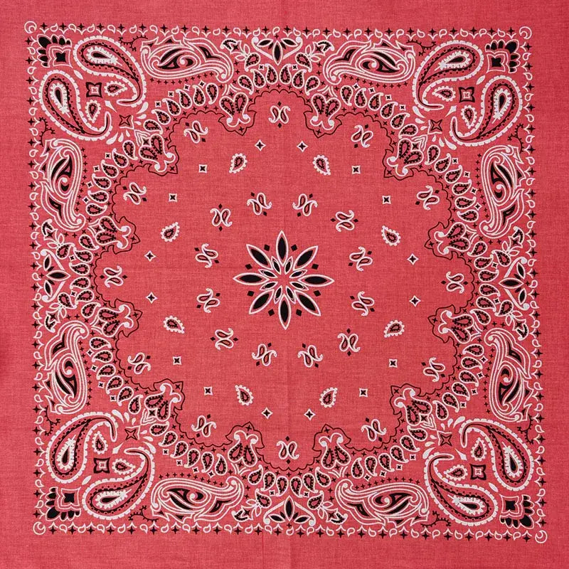 Red bandana scarf with vibrant paisley pattern in black and white