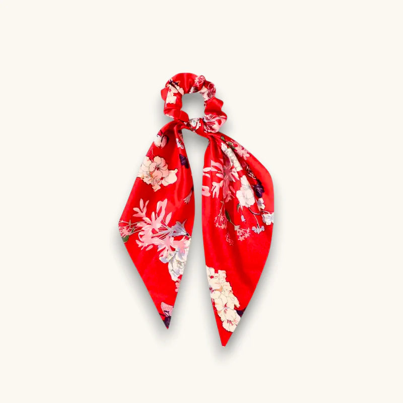 Red floral silk scrunchie with tied bow design, Red Bow Scrunchie