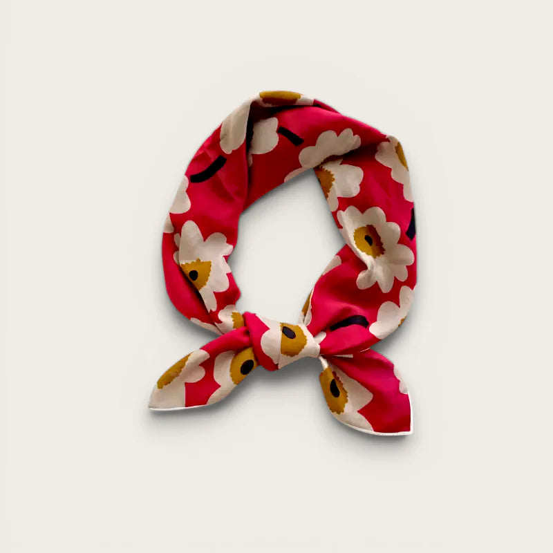 Vibrant pink silk daisy scarf for women, elegant knot