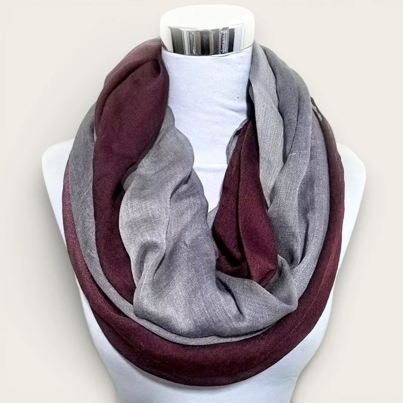 Red grey infinity scarf in soft maroon-gray gradient textured fabric