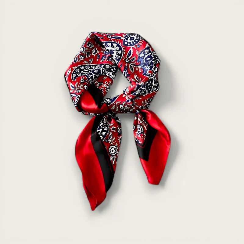 Red hair scarf: vibrant red satin with black white paisley, elegant knot