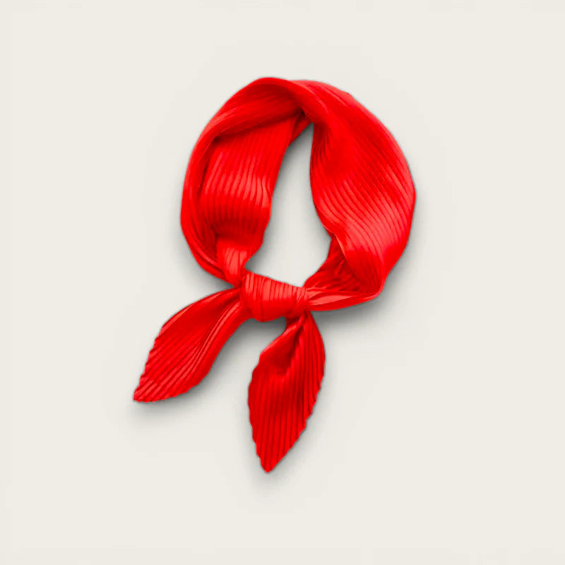 Vibrant red pleated silk Red Head Scarf tied in neat knot