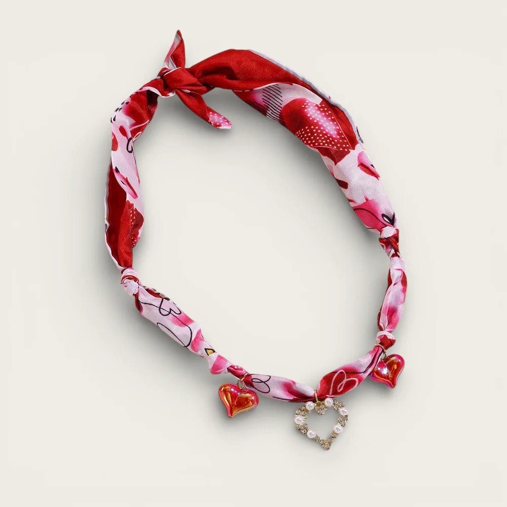 Red Heart Scarf Necklace with pink pattern, knot and heart charms