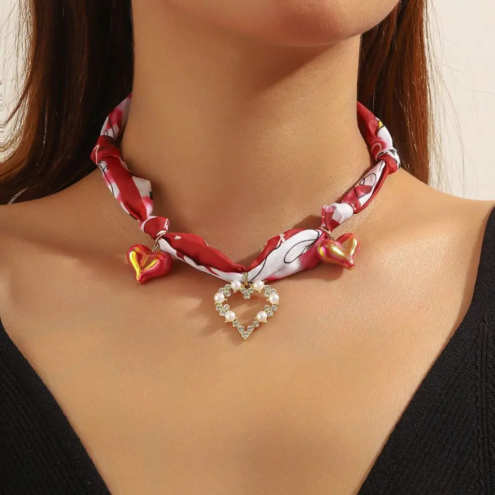 Red heart scarf necklace: red white patterned silk choker with heart charms
