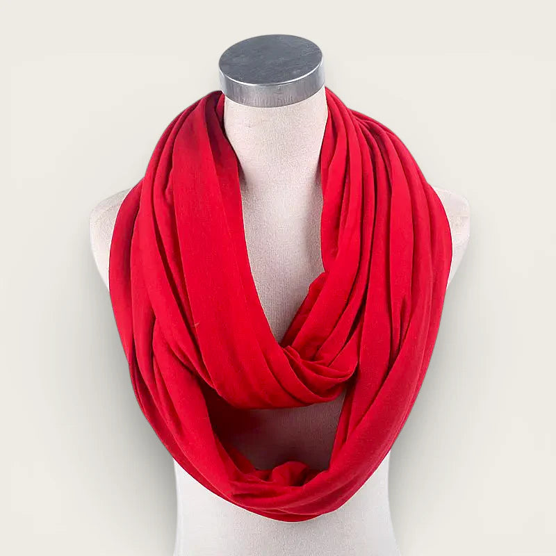 Vibrant red infinity scarf draped elegantly on mannequin neck