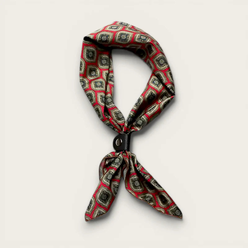 Red neckerchief with red black beige silk pattern knot black leather clasp