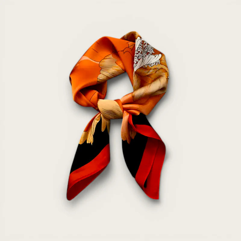 Red Orange Scarf: vibrant orange silk with botanical print, red black accents, elegant knot