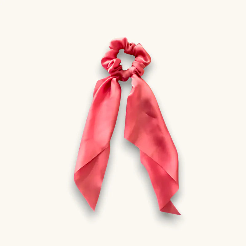 Red Scarf Scrunchie: vibrant coral satin with long flowing ribbon tail