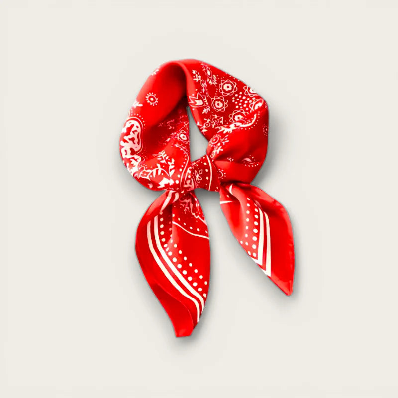 Red silk scarf with vibrant bandana paisley floral pattern knot