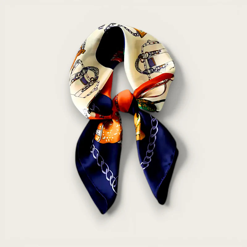 Cream and navy blue silk Red White Blue Scarf with chains, locks, vintage luggage print