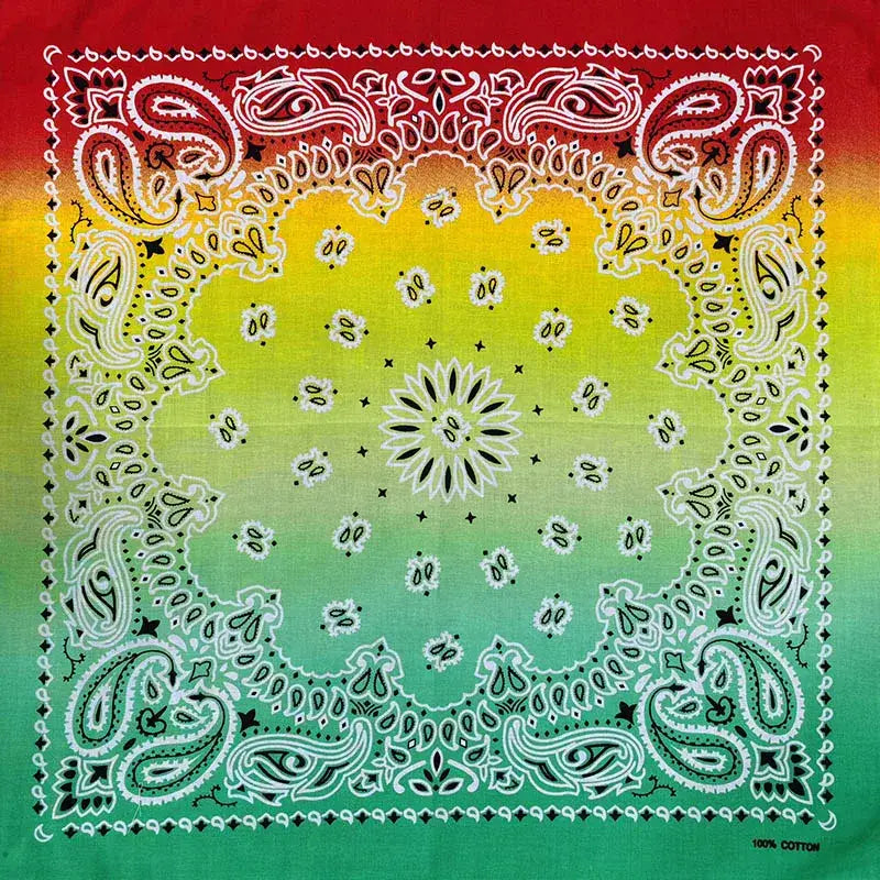 Vibrant rainbow gradient Reggae Bandana Scarf with white paisley patterns on cotton