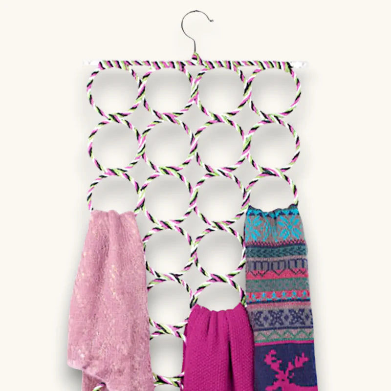 Ring Scarf Hanger with twisted pink black white rope design on hook