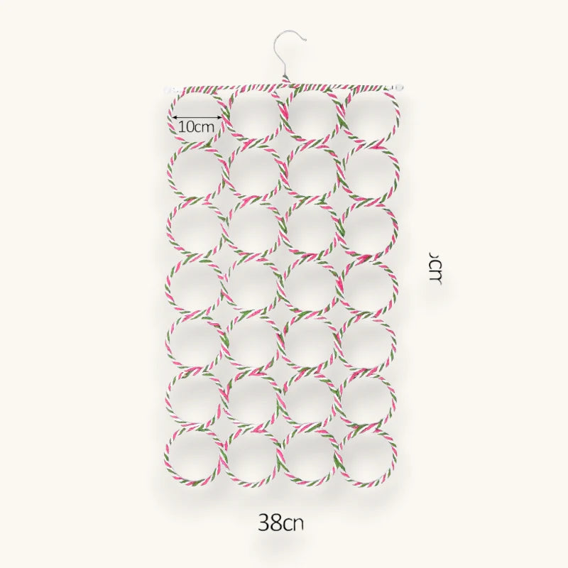 Ring Scarf Hanger with pink green striped fabric and metal hook