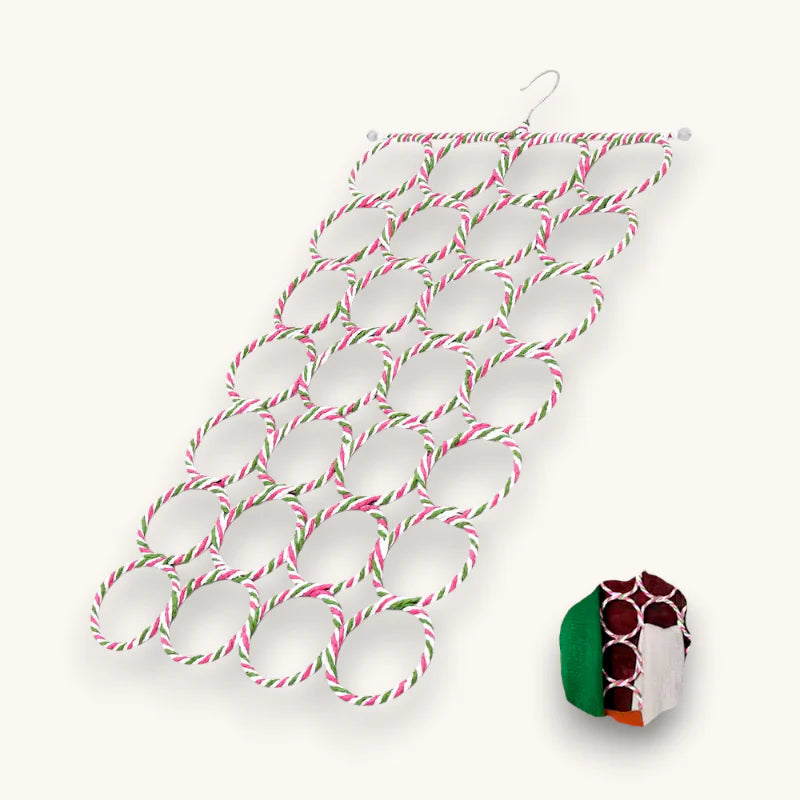 Ring Scarf Hanger with pink green striped rope and metal hook