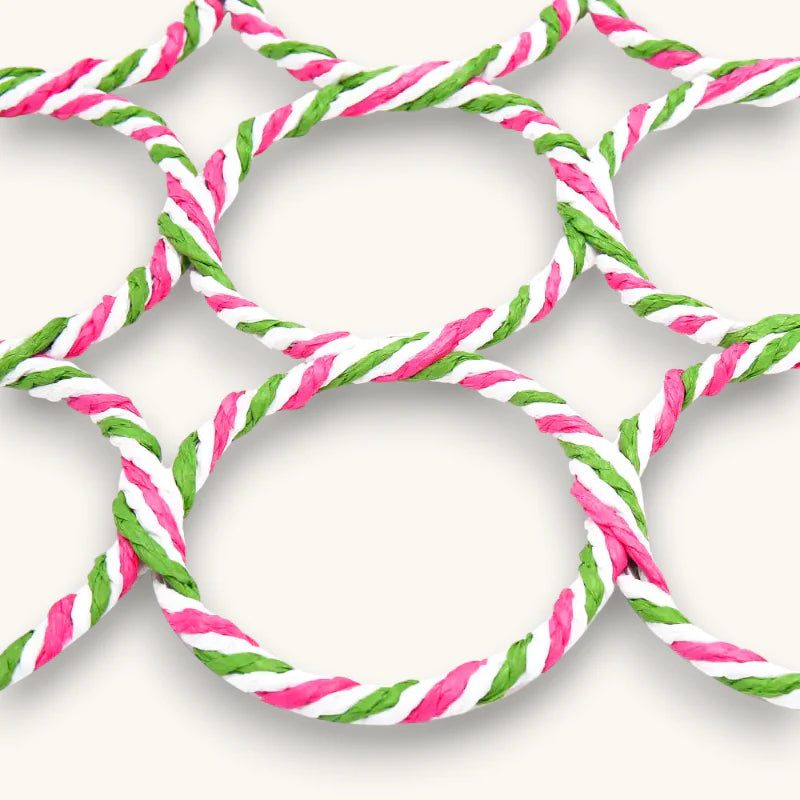 Pink and green twisted rope rings on Ring Scarf Hanger