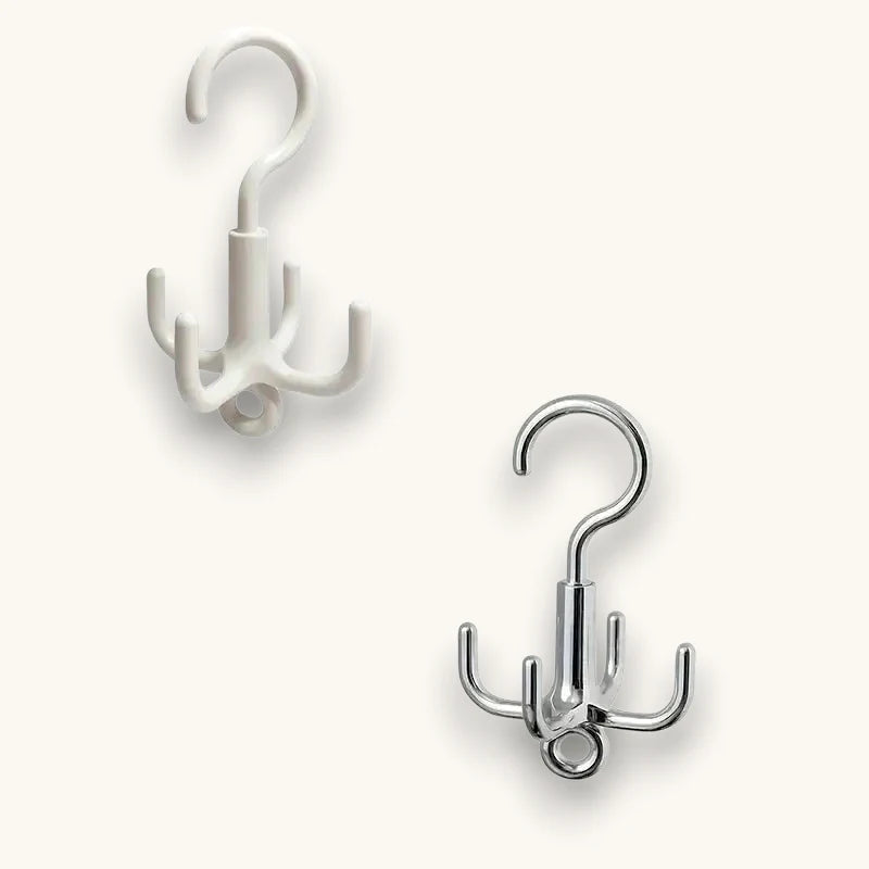 Rotating Scarf Hanger with white chrome 5-hook design for clothes