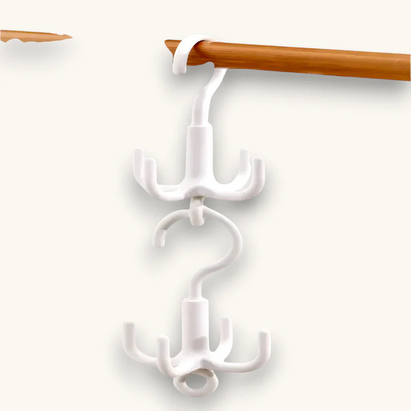 Rotating Scarf Hanger with white plastic multi-hooks and central curved hook