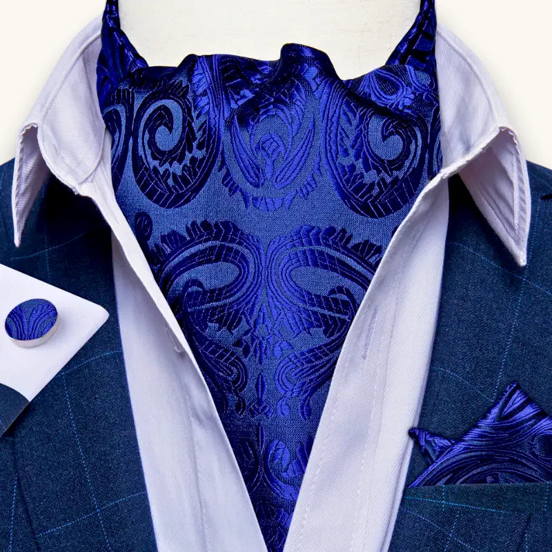 Royal Blue Ascot Tie: luxurious paisley cravat in satin fabric
