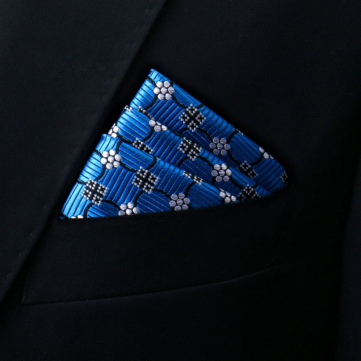 Royal Blue Pocket Square in dark suit breast pocket