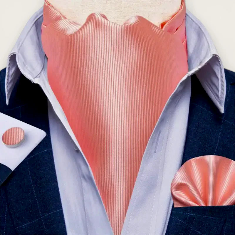 Salmon Ascot Tie: coral ribbed silk cravat with light blue shirt, dark suit