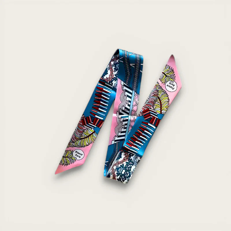 Vibrant Satin Bag Scarf with piano keys and tropical feathers