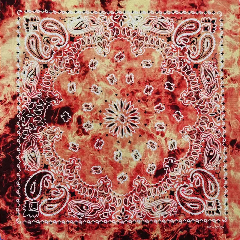 Vibrant red orange tie-dye satin bandana scarf with white paisley patterns